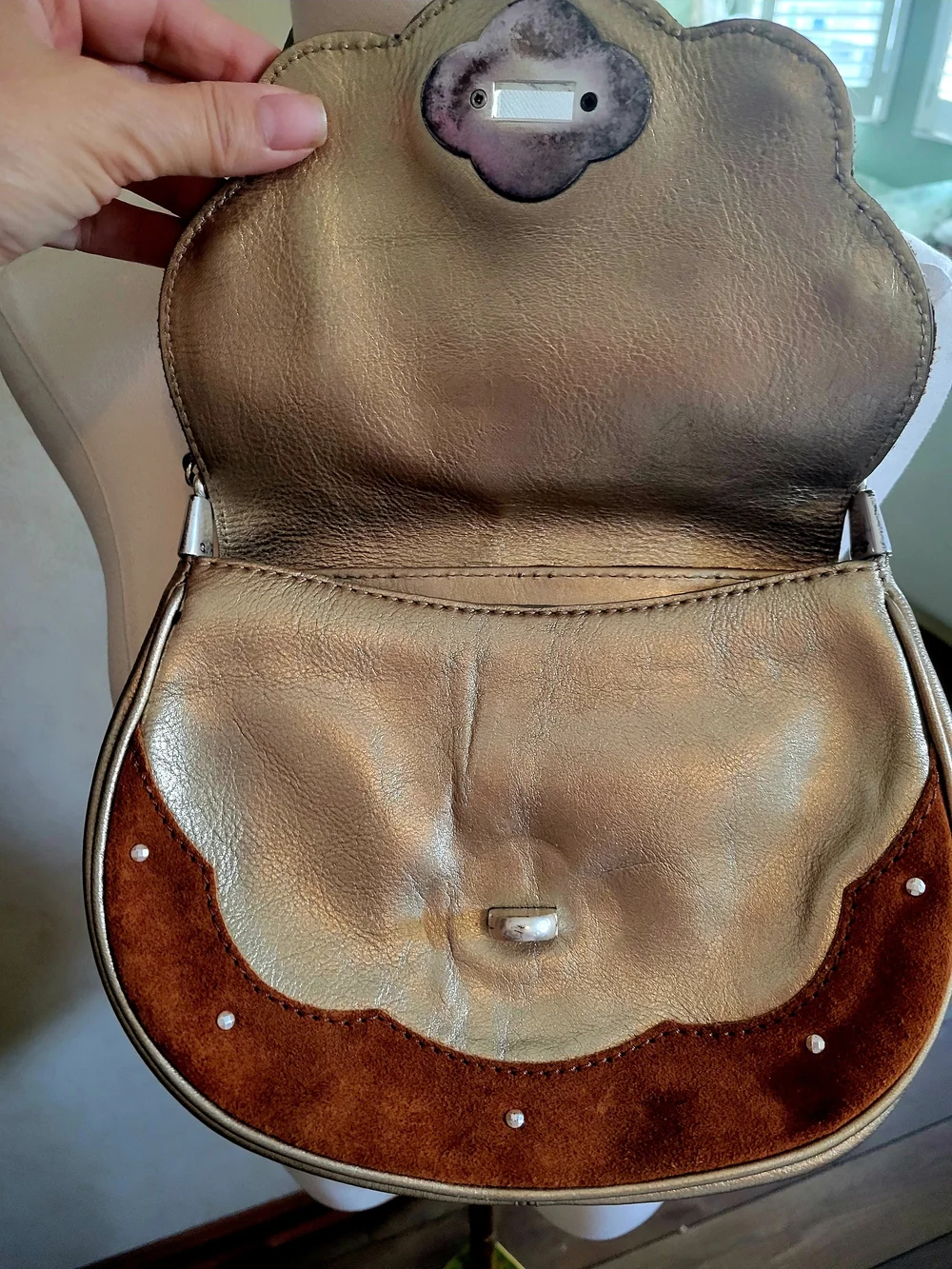 Michael Kors Brown Suede Crossbody with Silver Leather Strap And Hardware